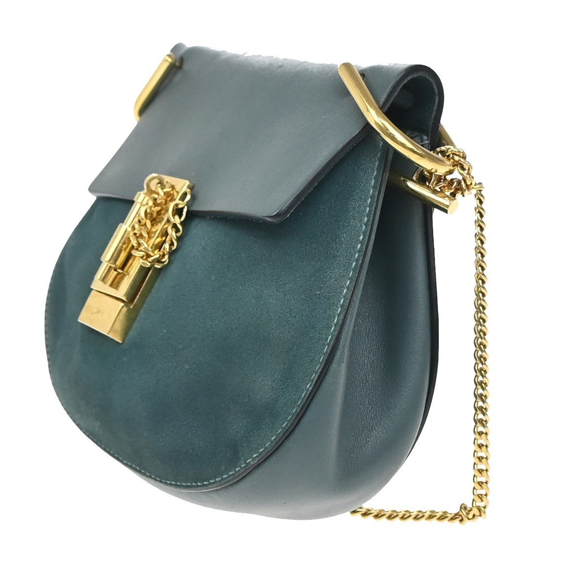 CHLOE Logo Drew Chain Mini Shoulder Bag Suede  Leather Blue GHW 35EG189