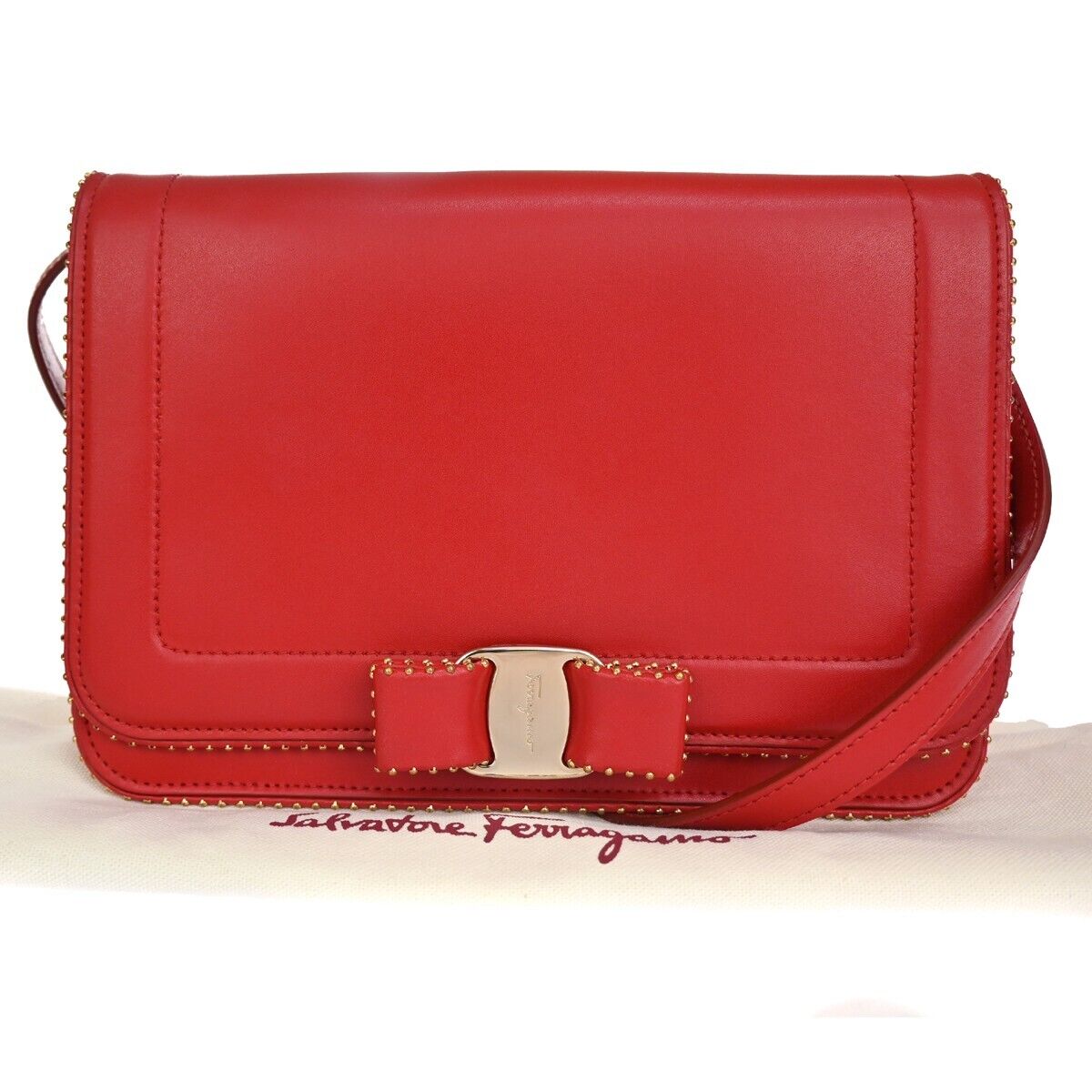 SALVATORE FERRAGAMO Vara Studs 2Way Shoulder Clutch Hand Bag Leather Red 88YD333