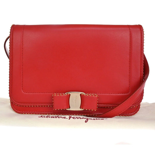SALVATORE FERRAGAMO Vara Studs 2Way Shoulder Clutch Hand Bag Leather Red 88YD333