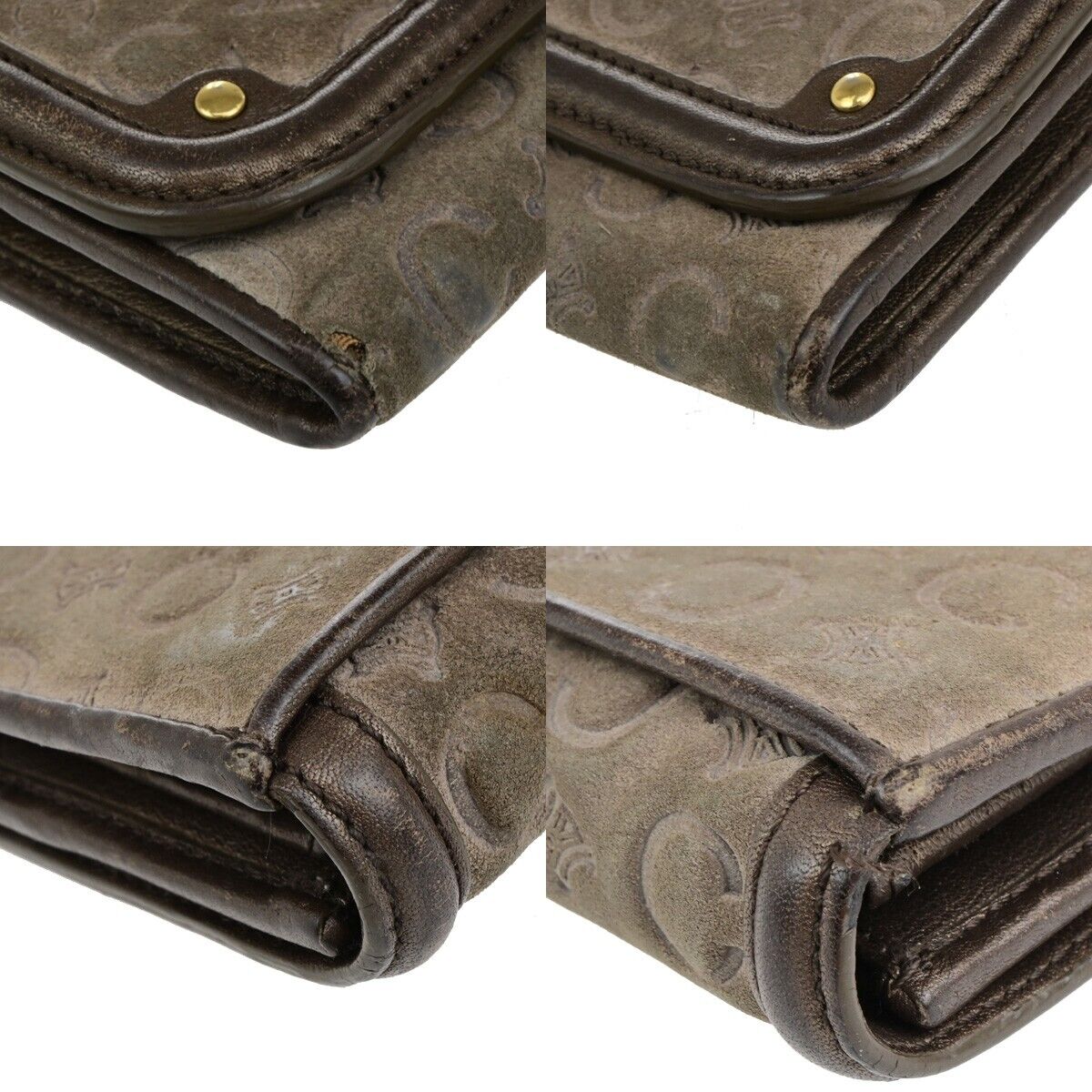 CELINE Logo Macadam Long Bifold Wallet Suede Leather Brown Gold 07KA509