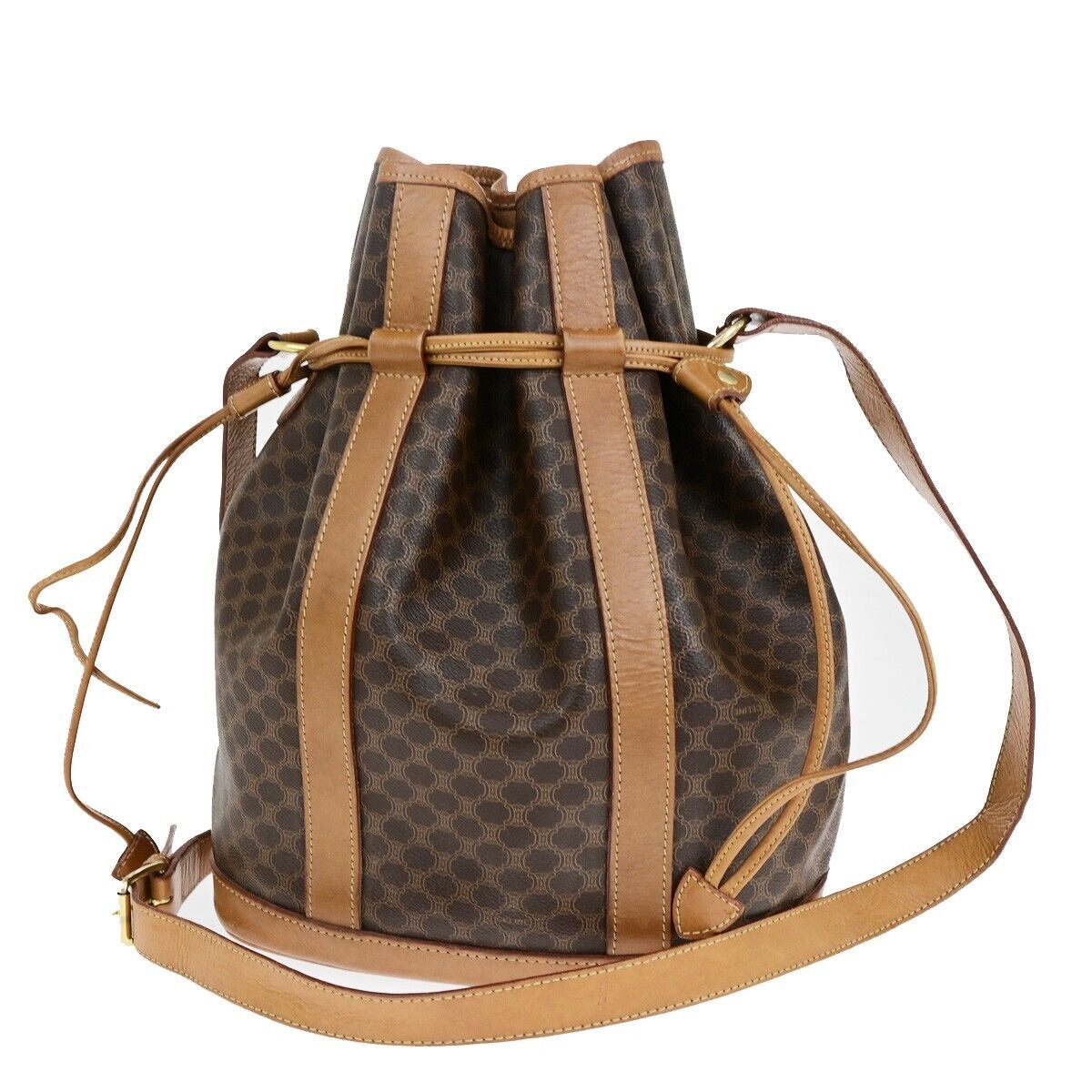 CELINE Logo Macadam Pattern Drawstring Shoulder Bag PVC Leather Brown 69HB986