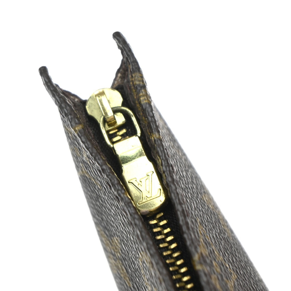 LOUIS VUITTON LV Logo Bucket GM Pouch Bag Monogram Leather Brown Gold 04KP602