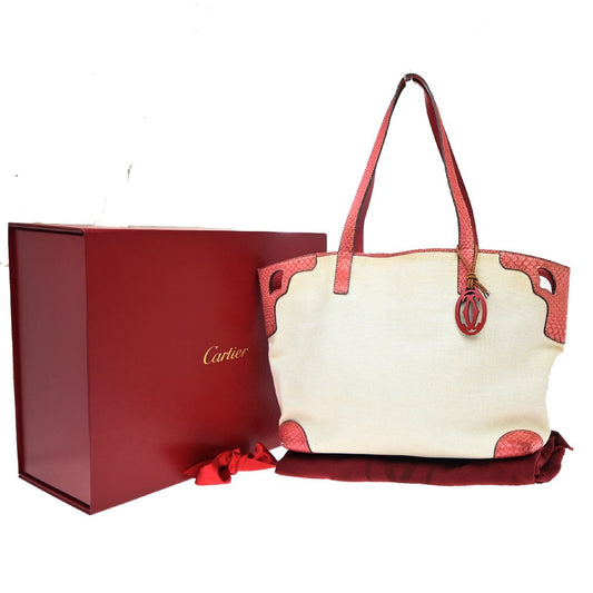 CARTIER Marcello Shoulder Tote Bag Canvas Embossing Leather Pink White 36KP210