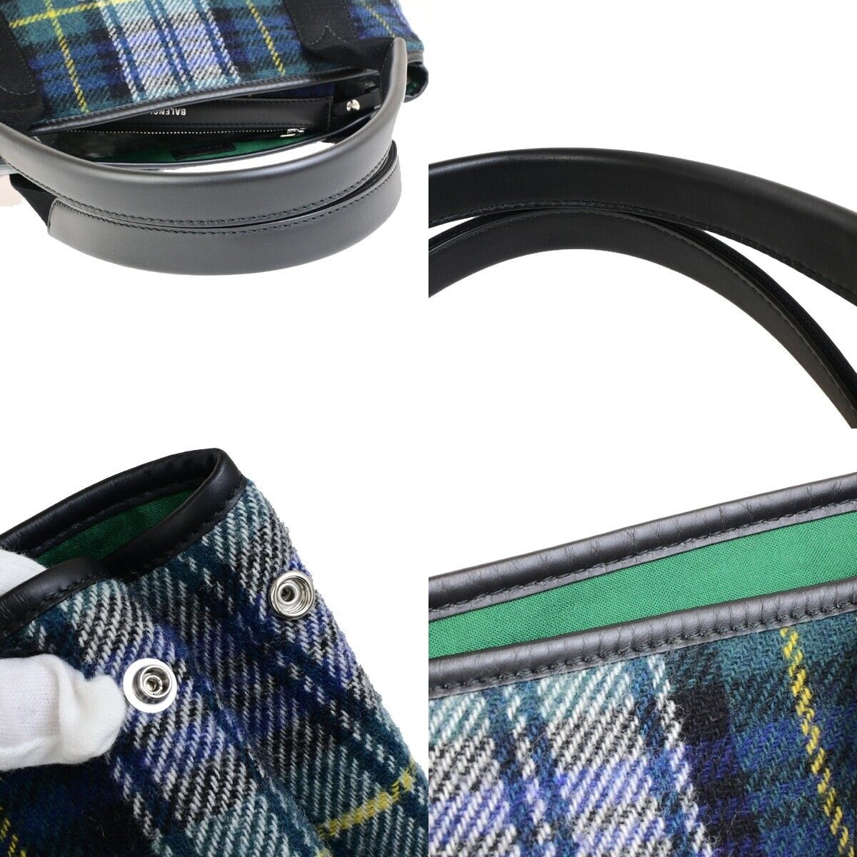 BALENCIAGA Navy Cabas S Hand Tote Bag Check Wool Leatehr Green Black 75KA432