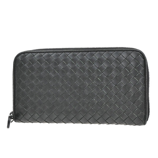 BOTTEGA VENETA Intrecciato Zipper Around Long Wallet Leather Black Italy 65EE296