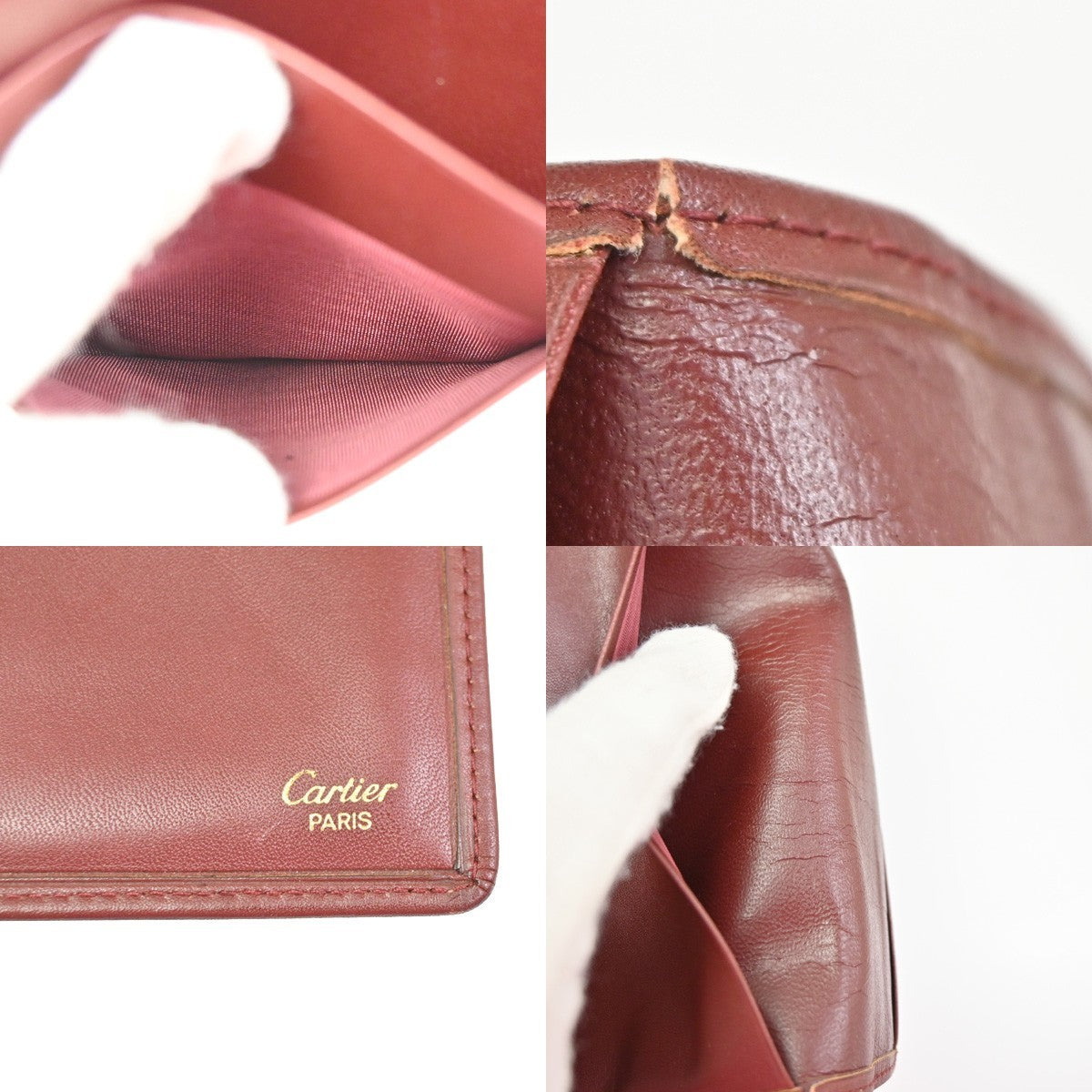 Cartier 2C Logo Bifold Long Wallet Purse Leather Bordeaux Gold Spain 08ZA228