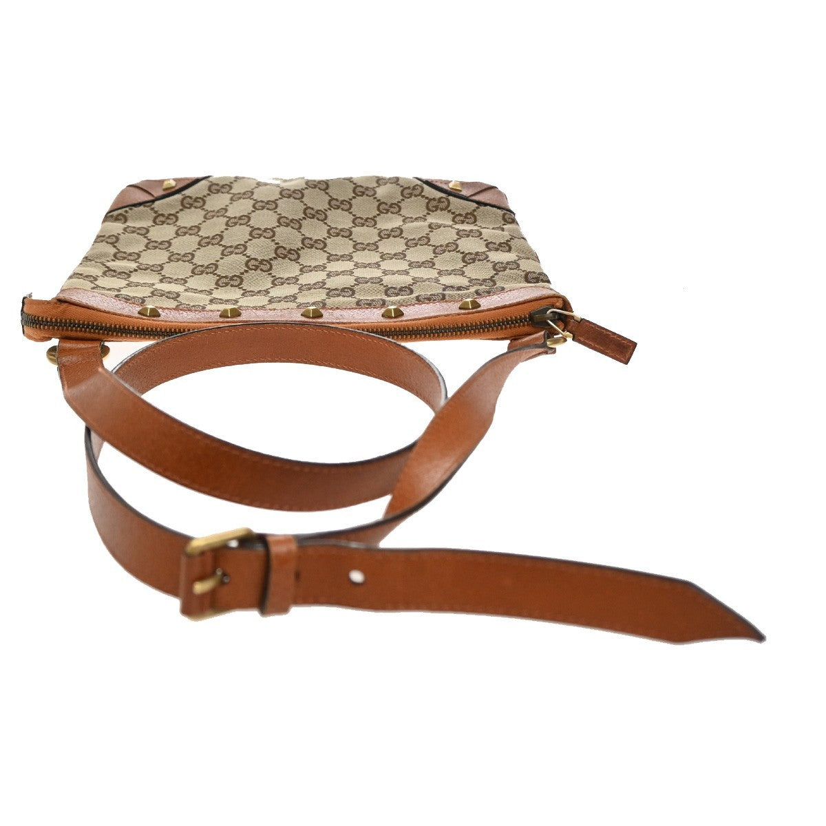 GUCCI Nailhead GG Pattern Shoulder Bag Canvas Leather Brown Orange 70YJ155