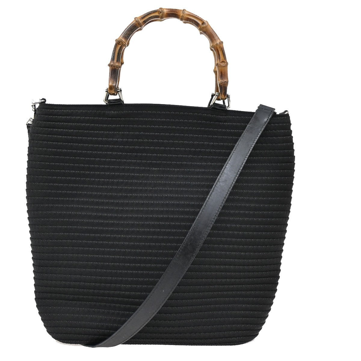 GUCCI Logo Bamboo 2Way Shoulder Hand Bag Canvas Leather Black SHW 67DA175