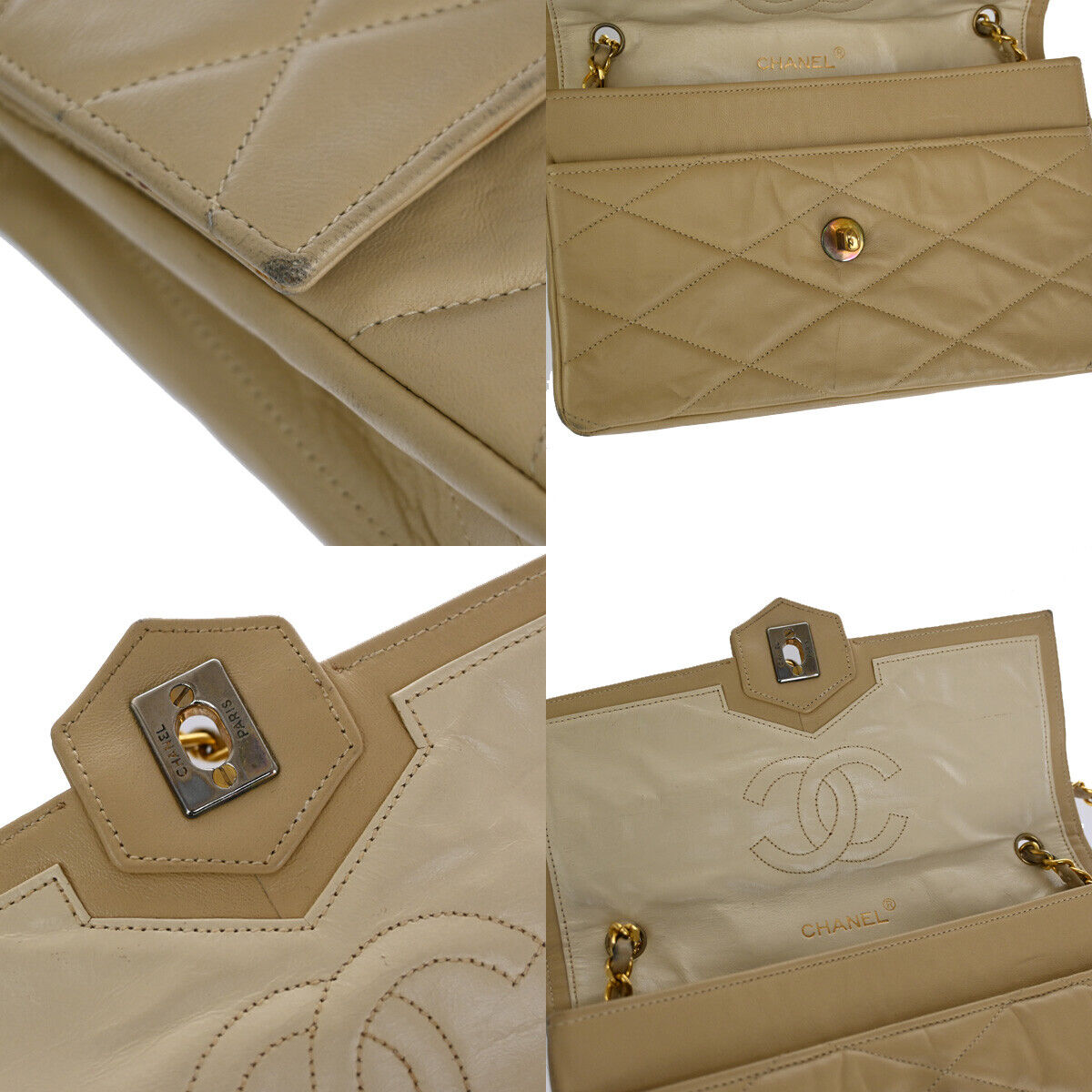 CHANEL CC Matelasse 23 Chain Shoulder Bag Leather Beige GHW Vintage 695RJ532