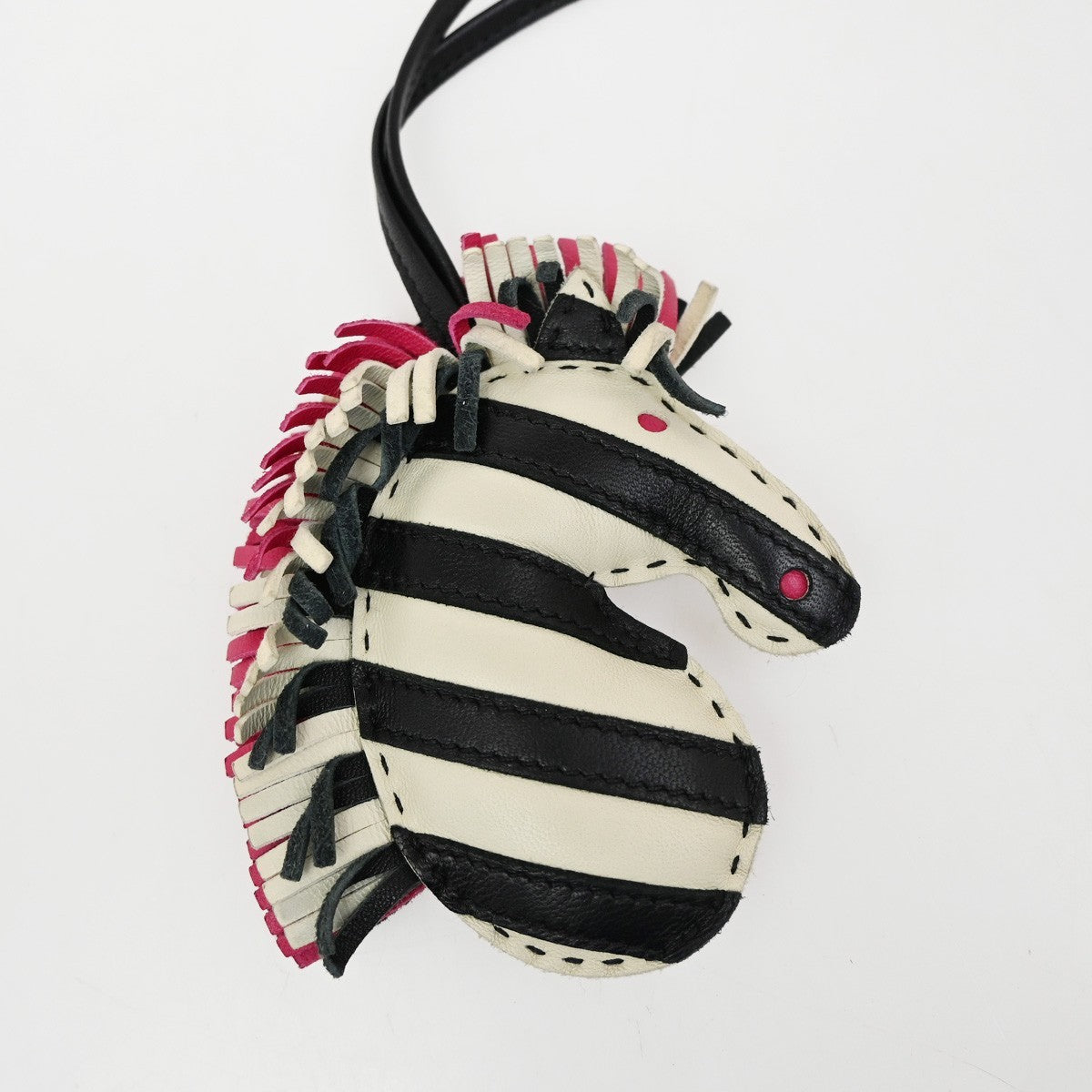HERMES Zebra ZZ Savannah Strap Bag Charm Lambskin Leather Black White 73RL531
