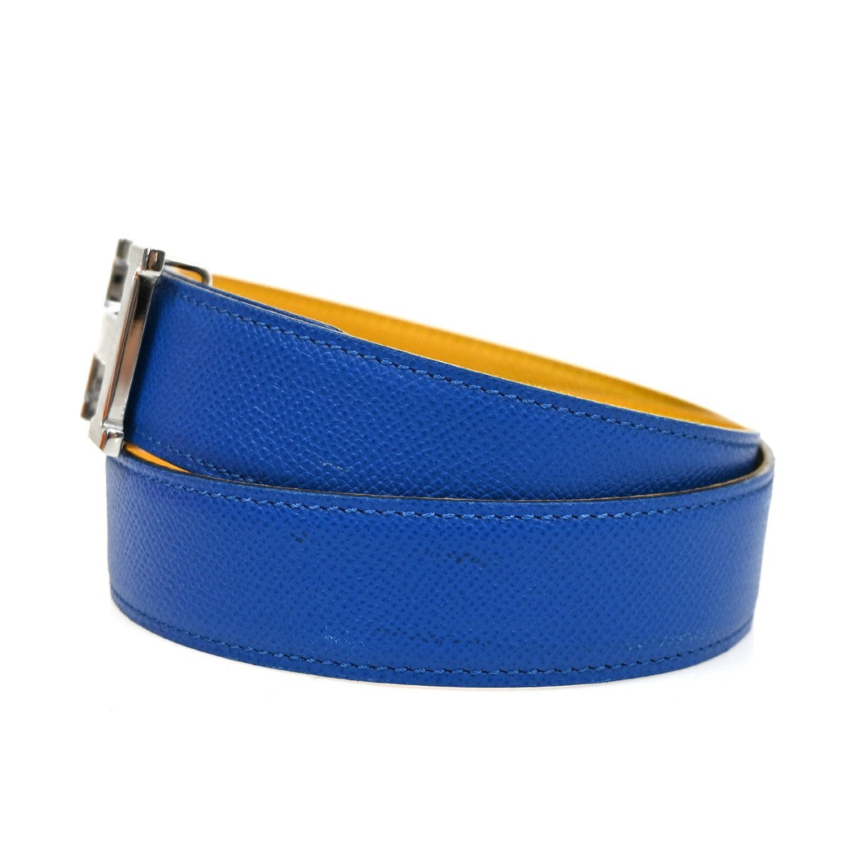 HERMES H Logo Constance Reversible Buckle Belt Leather #80 SHW Blue YW 82KC662