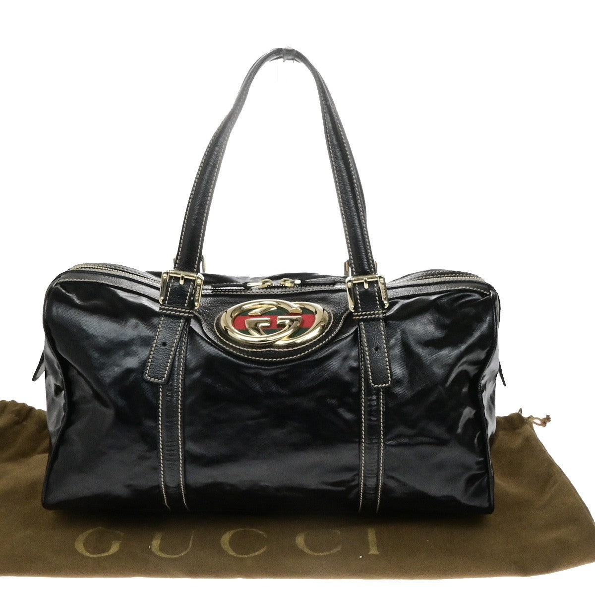 GUCCI Interlocking G Pattern Travel Hand Bag Coating Canvas Leather BK 81YH162