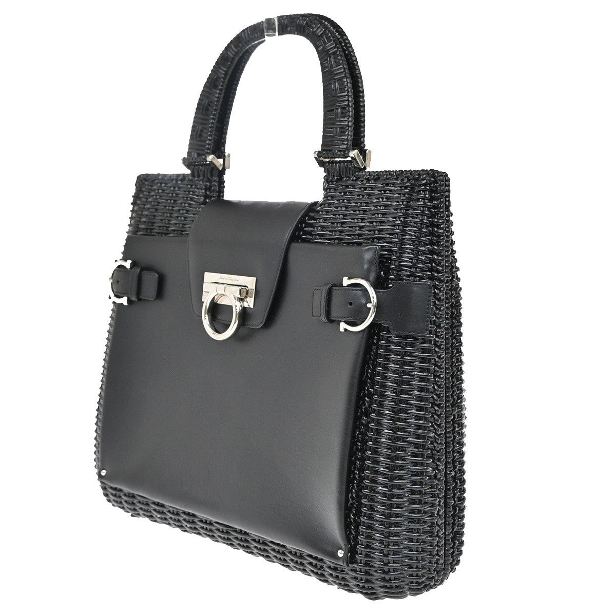 SALVATORE FERRAGAMO Gancini Hand Bag Leather Rattan Black SHW Italy 87RP105