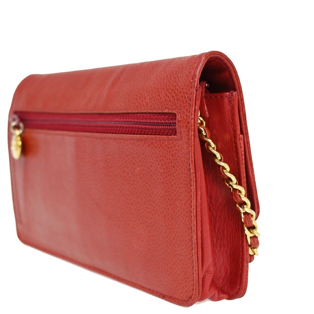 CHANEL CC Logo Chain Shoulder Bag Bifold Wallet Caviar skin Leather Red 671RJ655