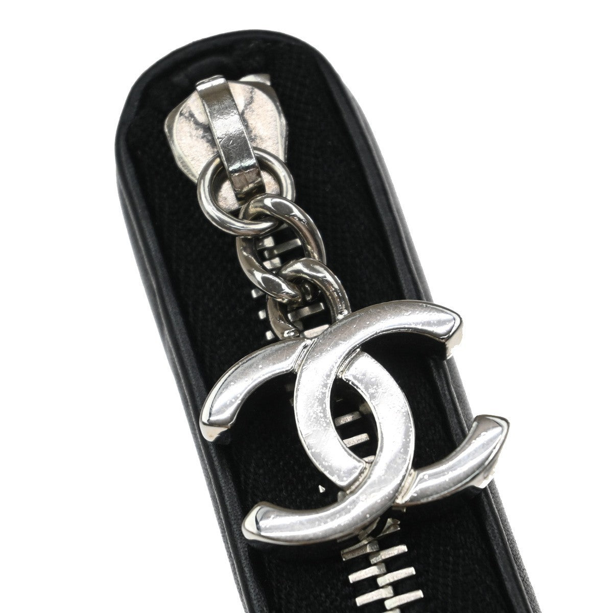 CHANEL CC Logo V-stitch Zip Around Long Wallet Leather Black Silver 77RF674