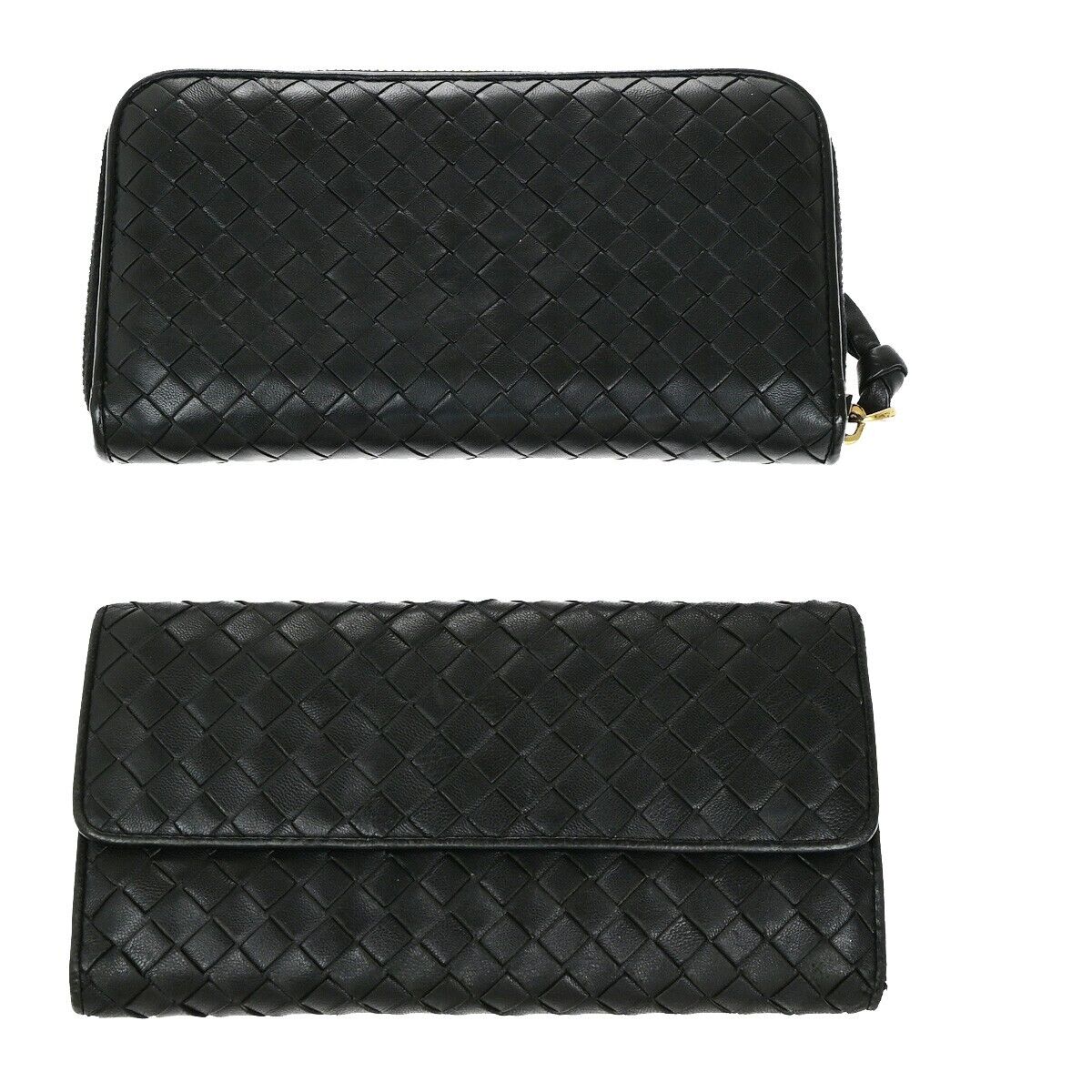 BOTTEGA VENETA Logo Intrecciato 2 Set Long Zipper Wallet Leather Black 67ED998