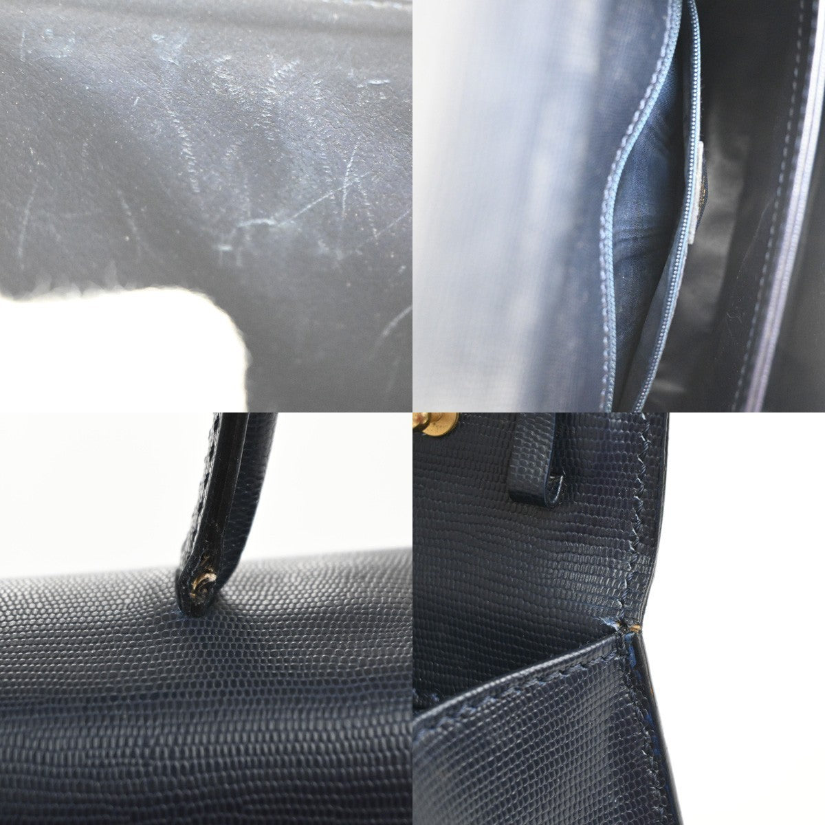 CELINE Circle Logo Tote Hand Bag Embossing Leather Navy Blue GHW 62KC507
