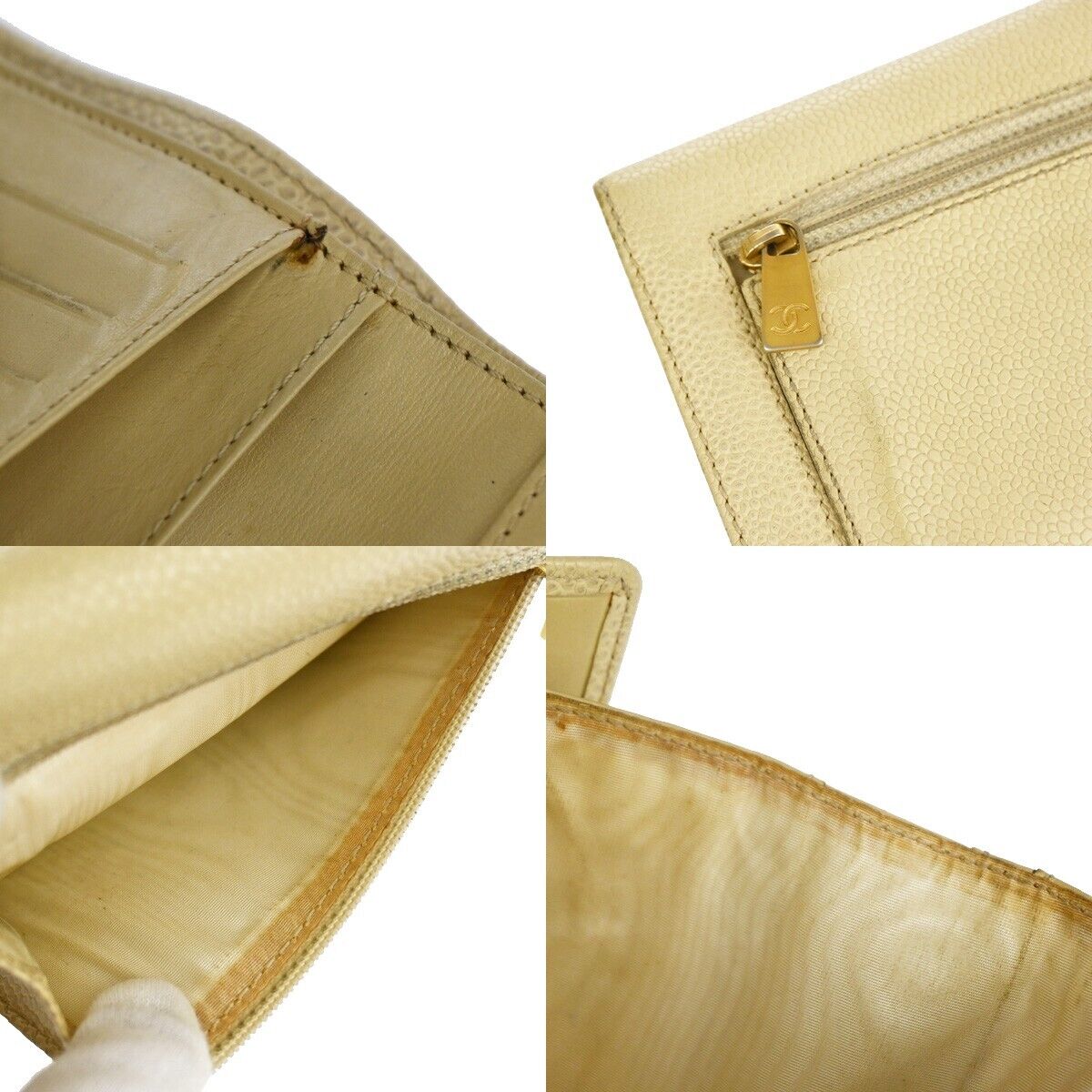 CHANEL CC Logo Trifold Wallet Purse Caviar Skin Leather Ivory Italy 62RJ490