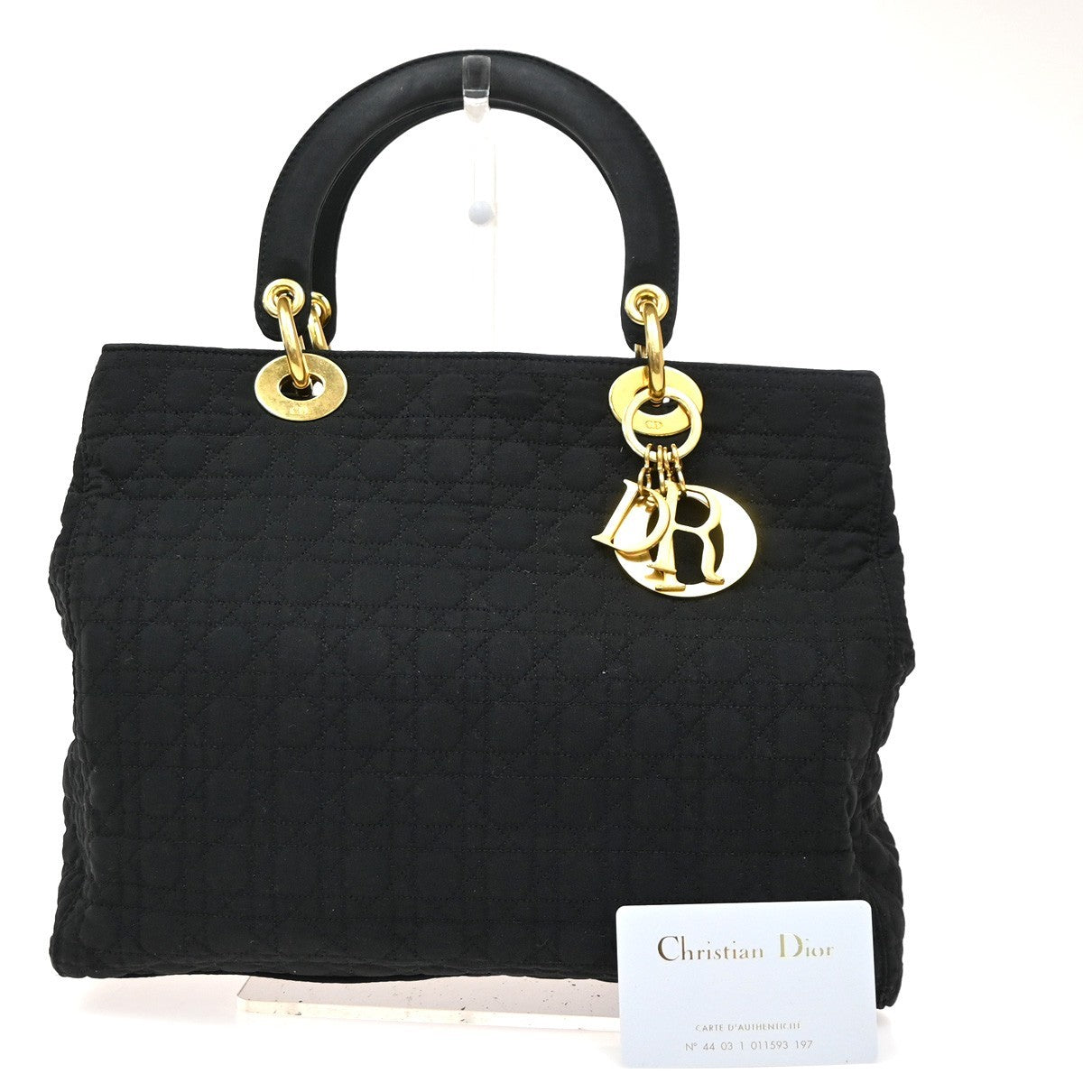 CHRISTIAN DIOR Logo Lady Cannage Hand Bag Nylon Leather Black GHW Italy 77EG377