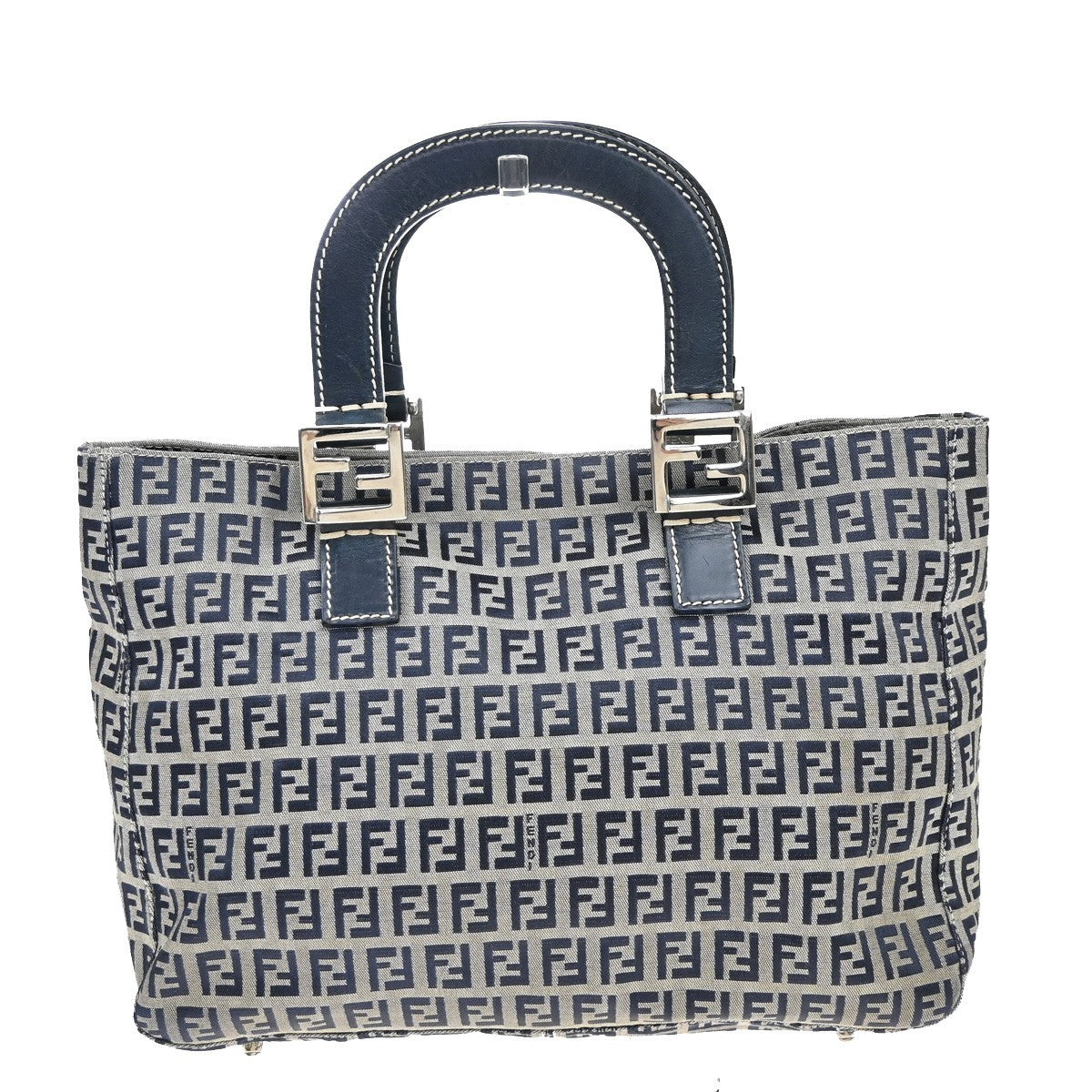 FENDI Logo Zucca Pattern Shoulder Bag Canvas Leather Navy Blue Italy 85EF815