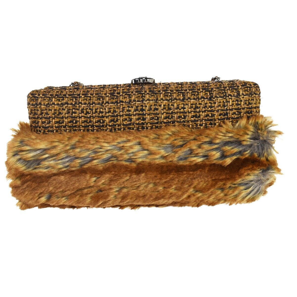 CHANEL CC Logo 2Way Chain Shoulder Clutch Bag Fur Wool Leather Brown 683LC294