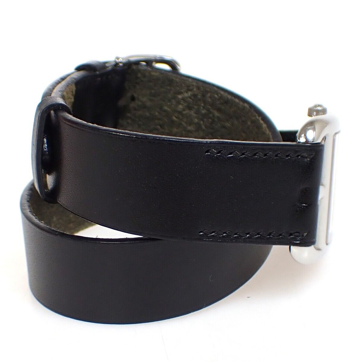 HERMES Logo Cape Cod Double Tour Wristwatch Leather ▢D Black Silver 660LC513