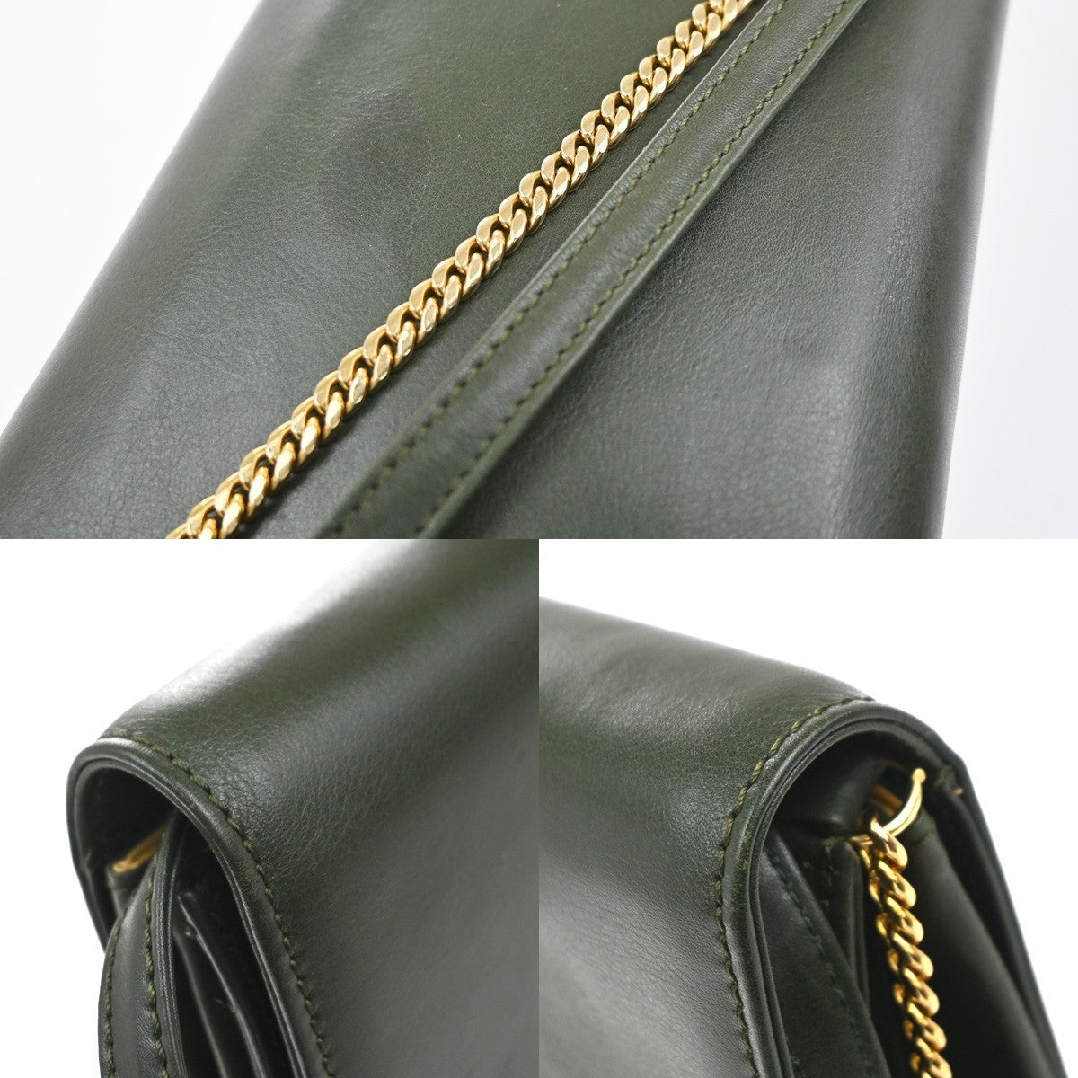 CELINE Logo 2Way Chain Shoulder Clutch Bag Leather Green GHW Italy 38KP439