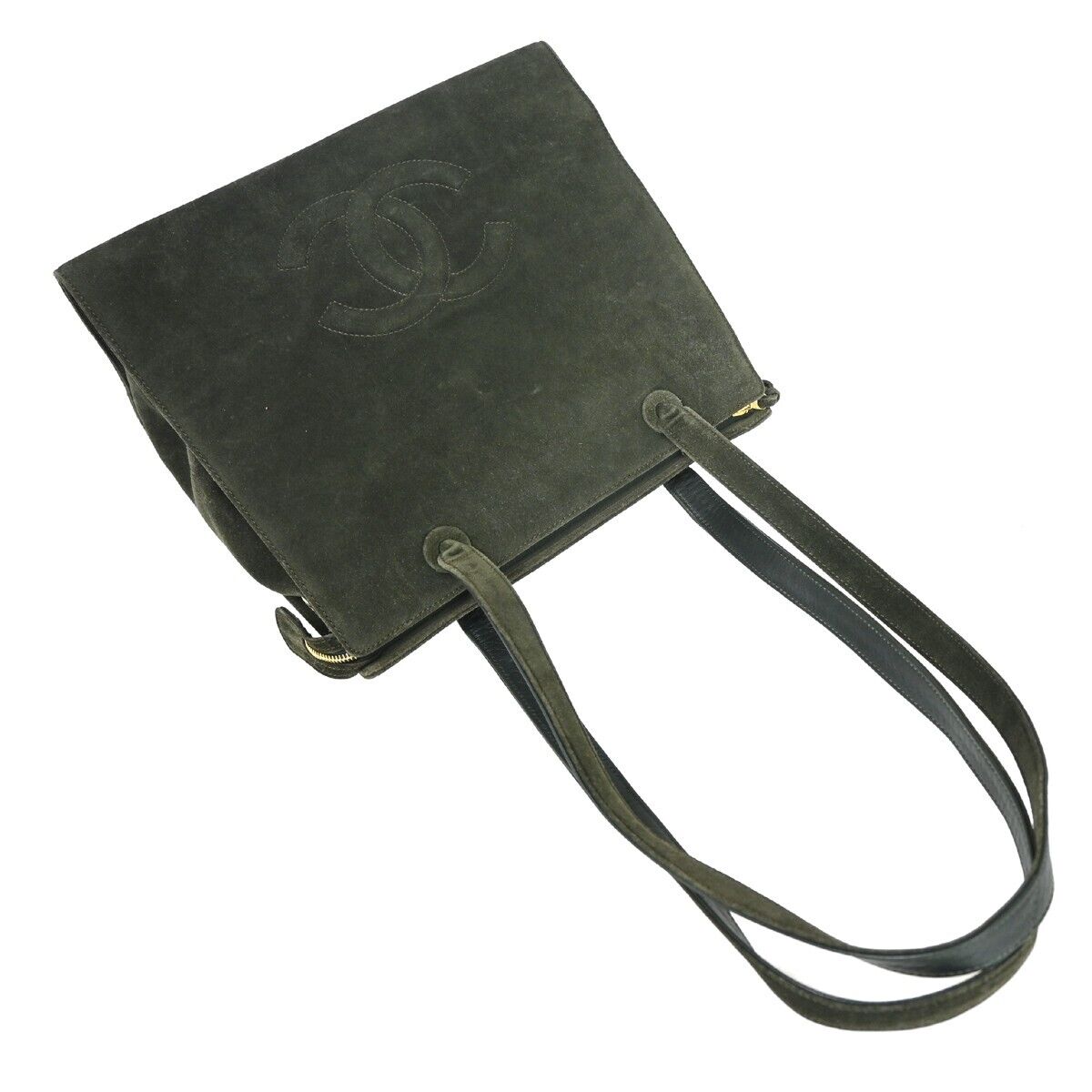 CHANEL CC Logo Shoulder Tote Bag Suede Skin Leather Khaki GHW Vintage 18HB212