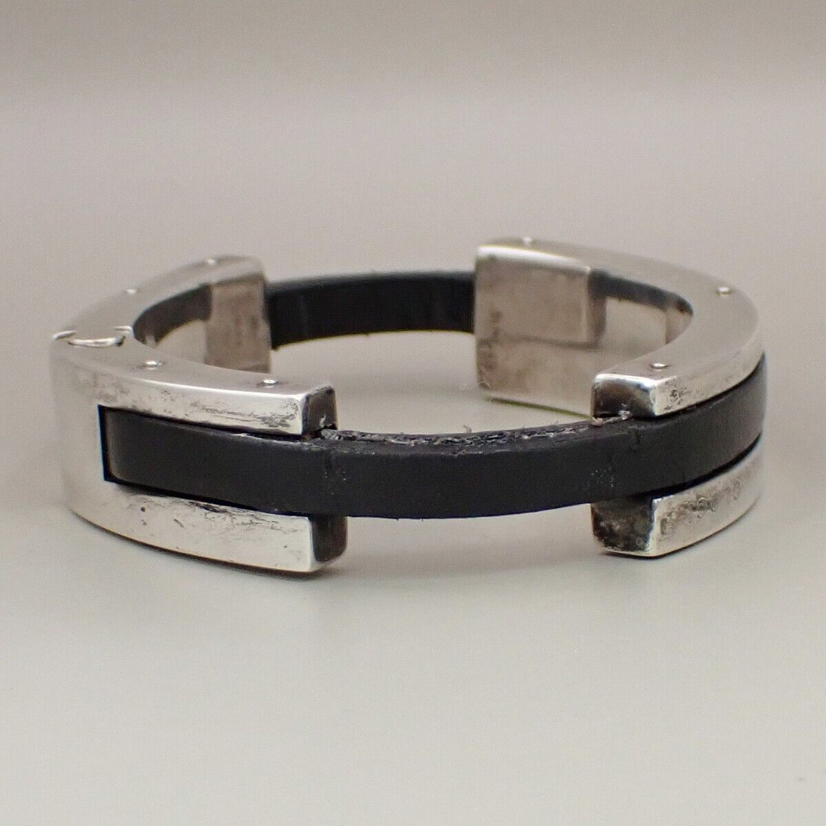 GUCCI Logo Bangle Bracelet Silver 925 Leather SHW Black Italy Accessory 01EB465