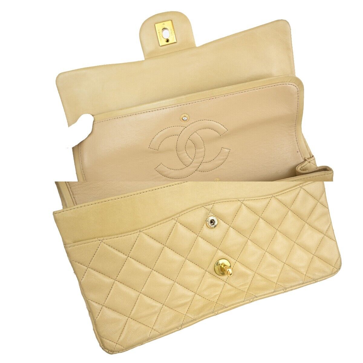 CHANEL CC Matelasse 25 Double Flap Chain Shoulder Bag Leather Beige GHW 381RJ843