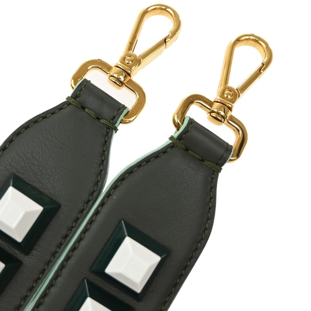 FENDI Logo Studs Bag Shoulder Strap Leather Plastic Green Brown GHW 65KP348