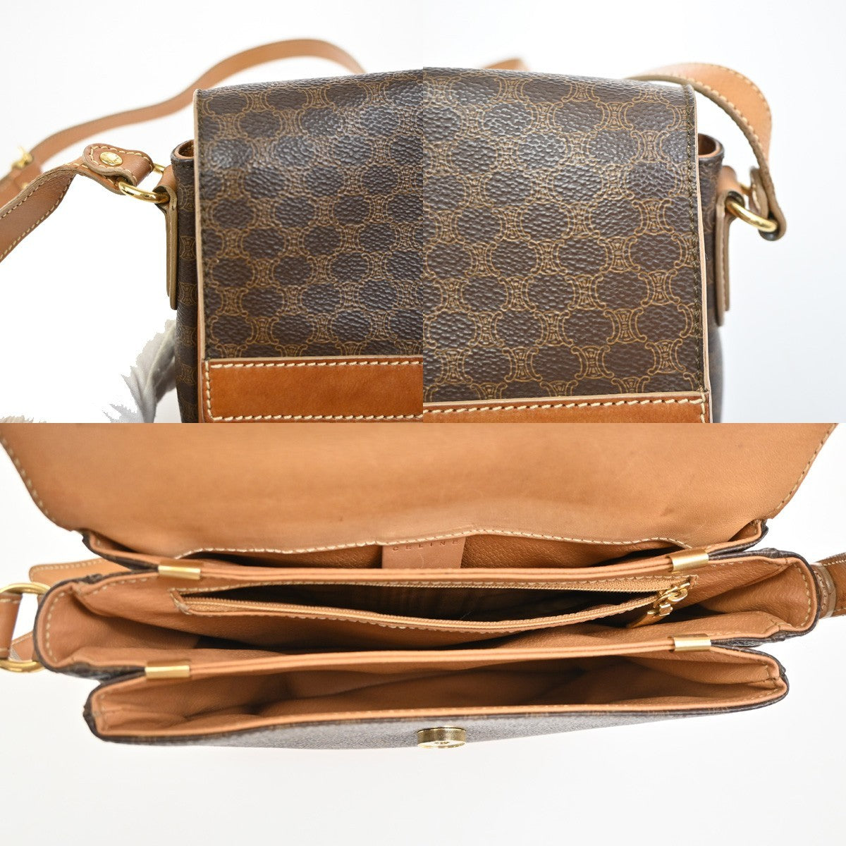 CELINE Logo Macadam Pattern Shoulder Bag PVC Leather Brown GHW Italy 61KC643