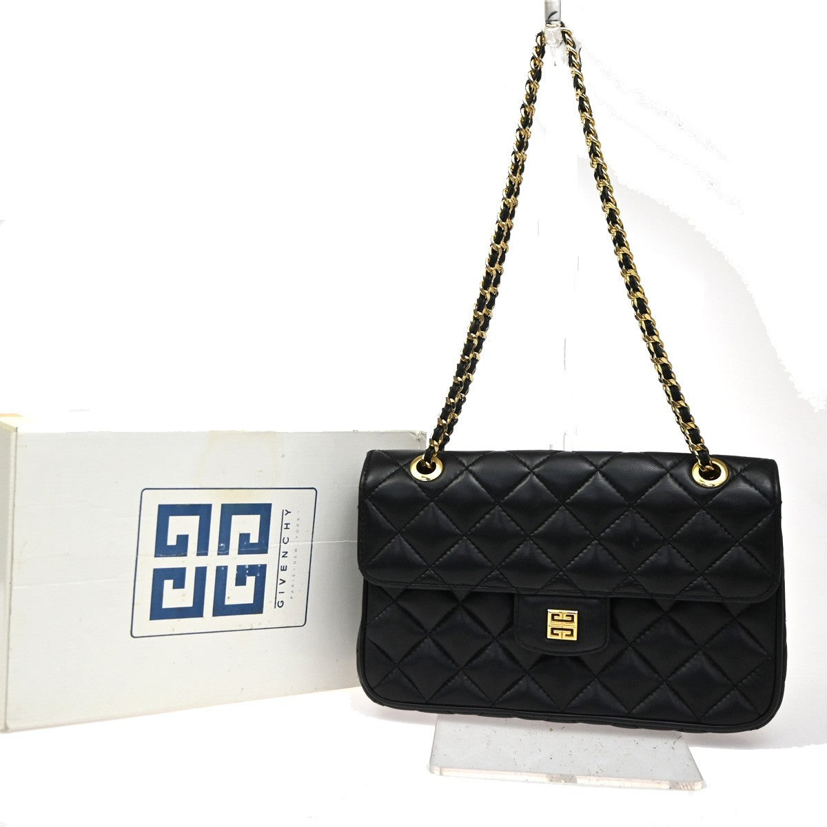 GIVENCHY Logo Chain Shoulder Hand Bag Leather Black GHW 67CA565