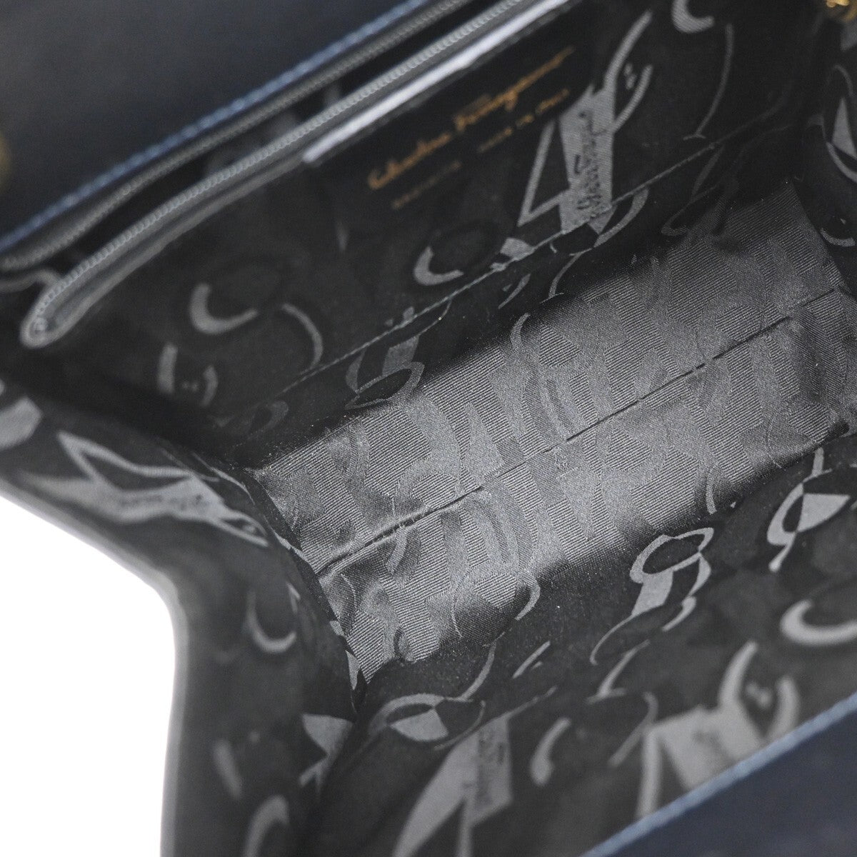 SALVATORE FERRAGAMO LOGO Vara 2Way Hand Bag Leather Canvas Navy Blue 65YH406