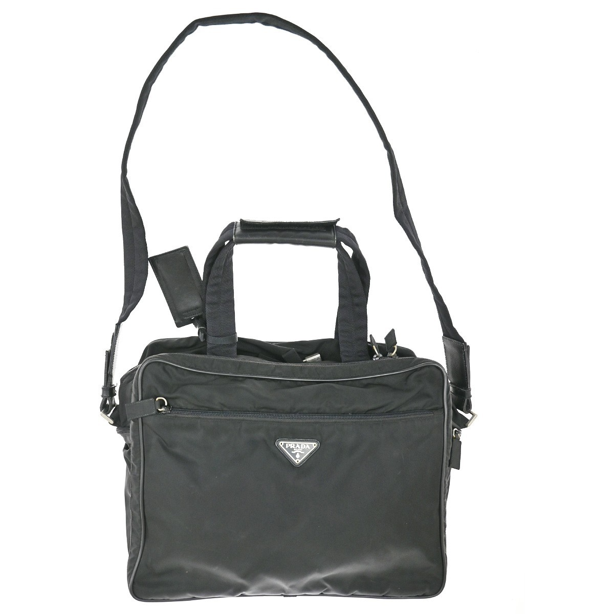 PRADA MILANO Logo Tessuto 2Way Business Shoulder Bag Nylon Leather Black 38TA378
