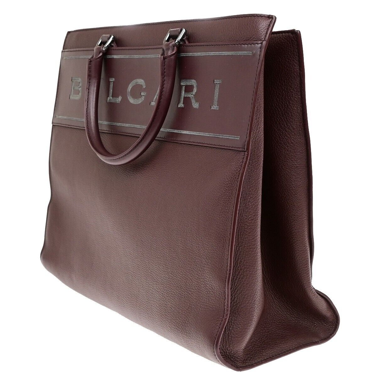 BVLGARI Logo Infinity Tote Hand Bag Leather Red Burgundy Silver Italy 98ED855