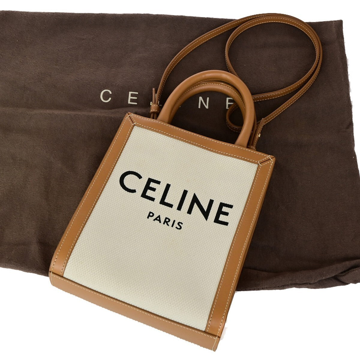 CELINE Logo Vertical Cabas 2Way Mini Hand Tote Bag Canvas Leather Brown 667RK640