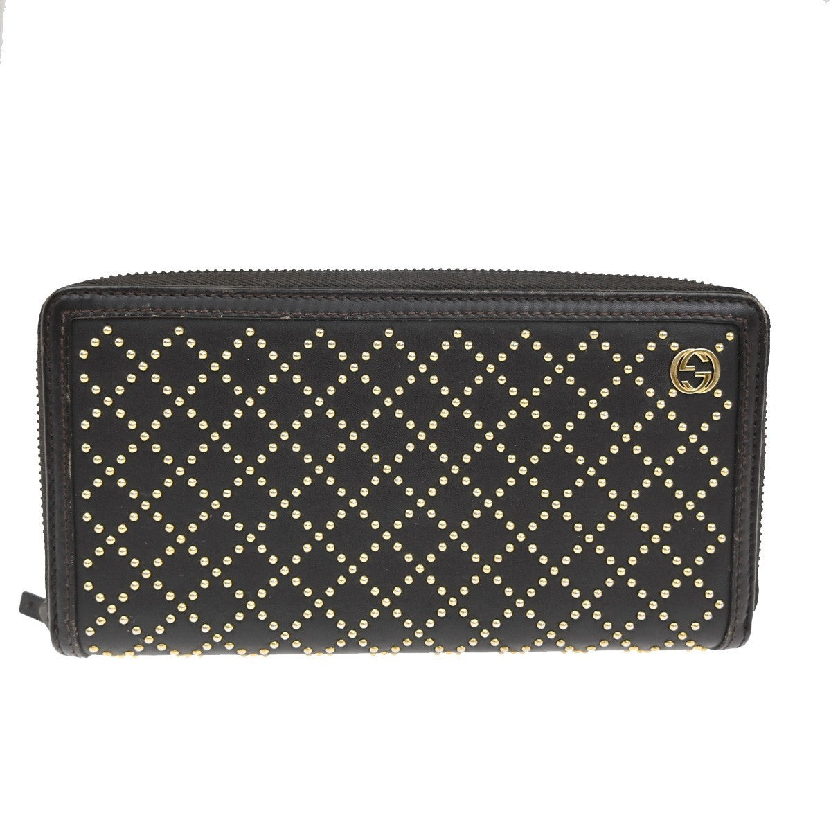 GUCCI Logo Diamante Studded GG Long Zipper Wallet Leather Brown Gold 62TA307