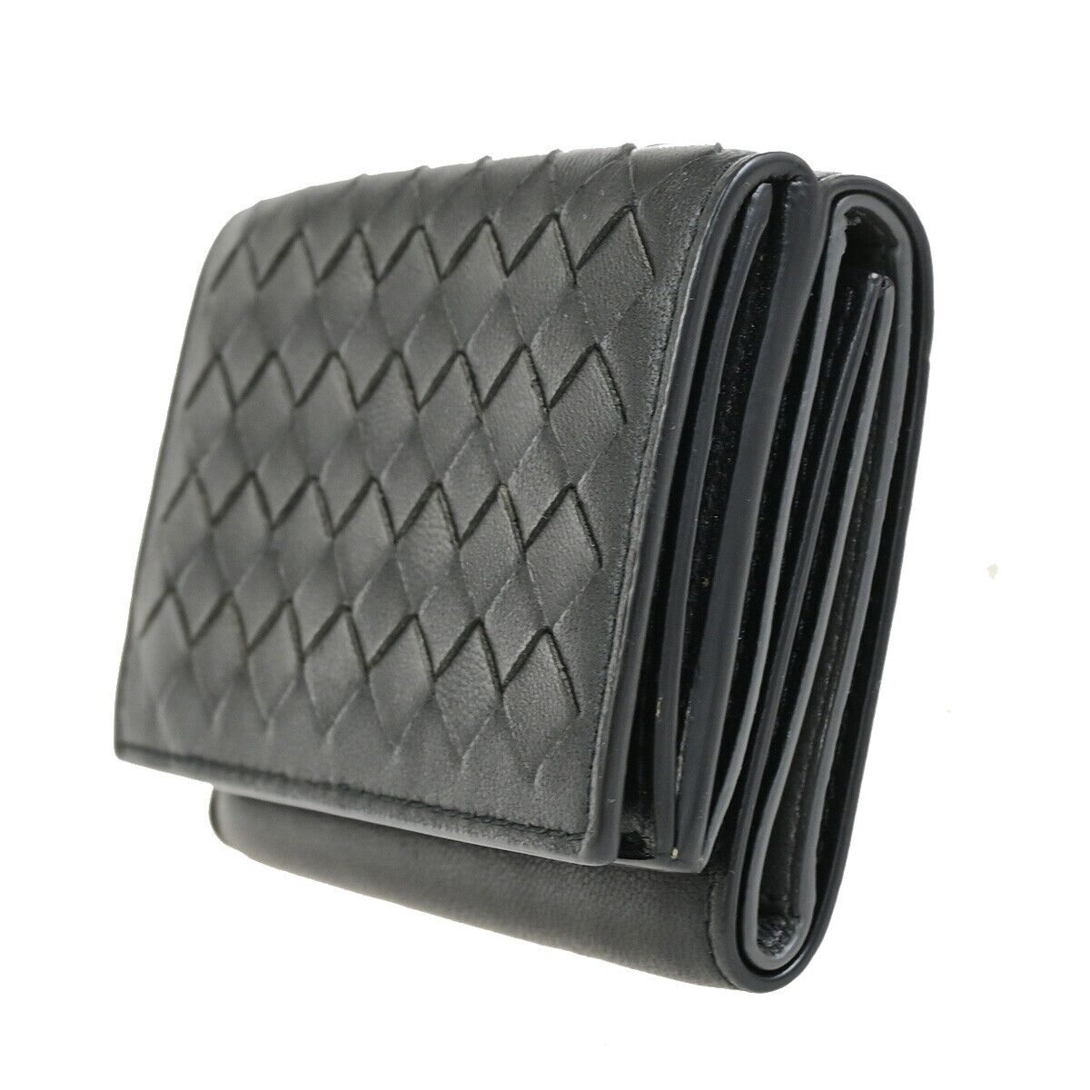 BOTTEGA VENETA INTRECCIATO Trifold Wallet Purse Leather Black Italy 31FB313