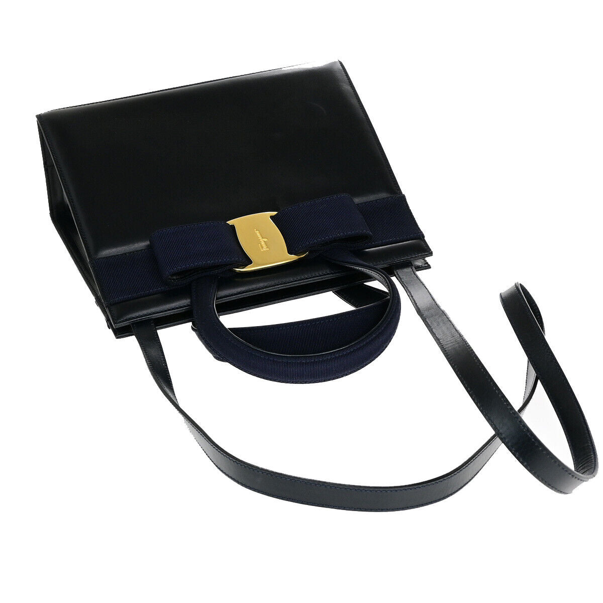 SALVATORE FERRAGAMO Vara Hand Bag Canvas Leather Navy Blue GHW Italy 37YF210