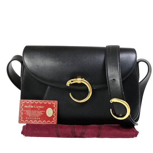 CARTIER Logo Panther Shoulder Bag Leather Black GHW Made in Italy 77EC368