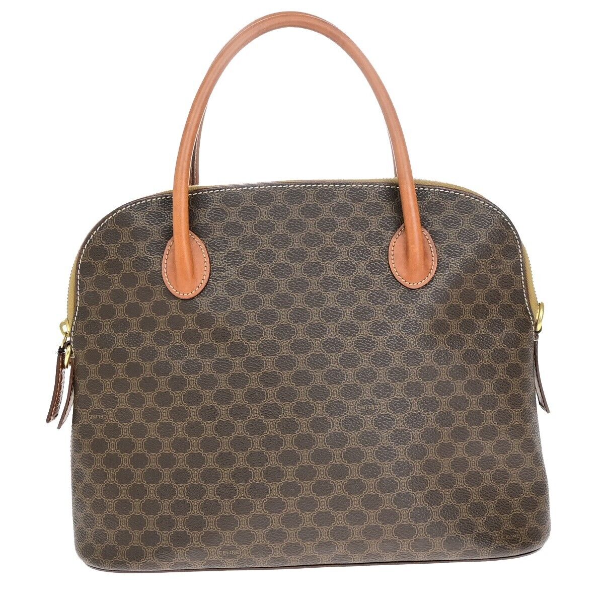 CELINE Logo Macadam Pattern Hand Bag PVC Leather Brown Gold Italy 64EB492