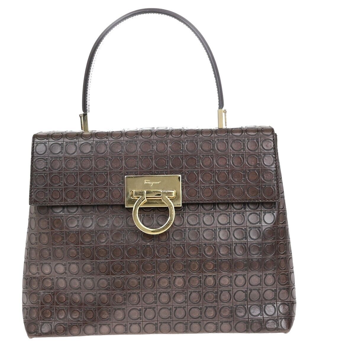 SALVATORE FERRAGAMO Logo Gancini Hand Bag Embossing Leather Brown GHW 31EB621