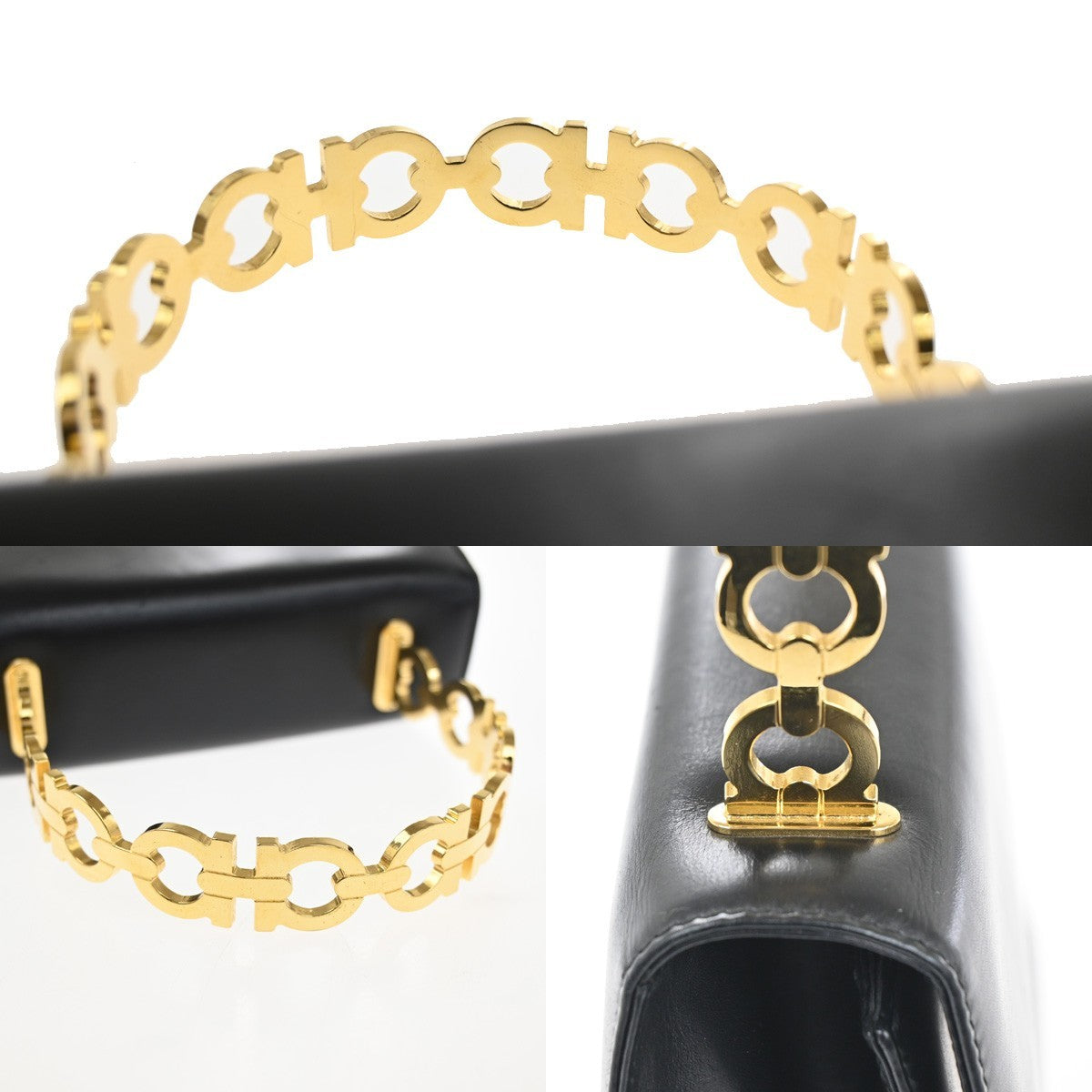 SALVATORE FERRAGAMO Gancini Hand Bag Leather Gold Black Italy 80TA466