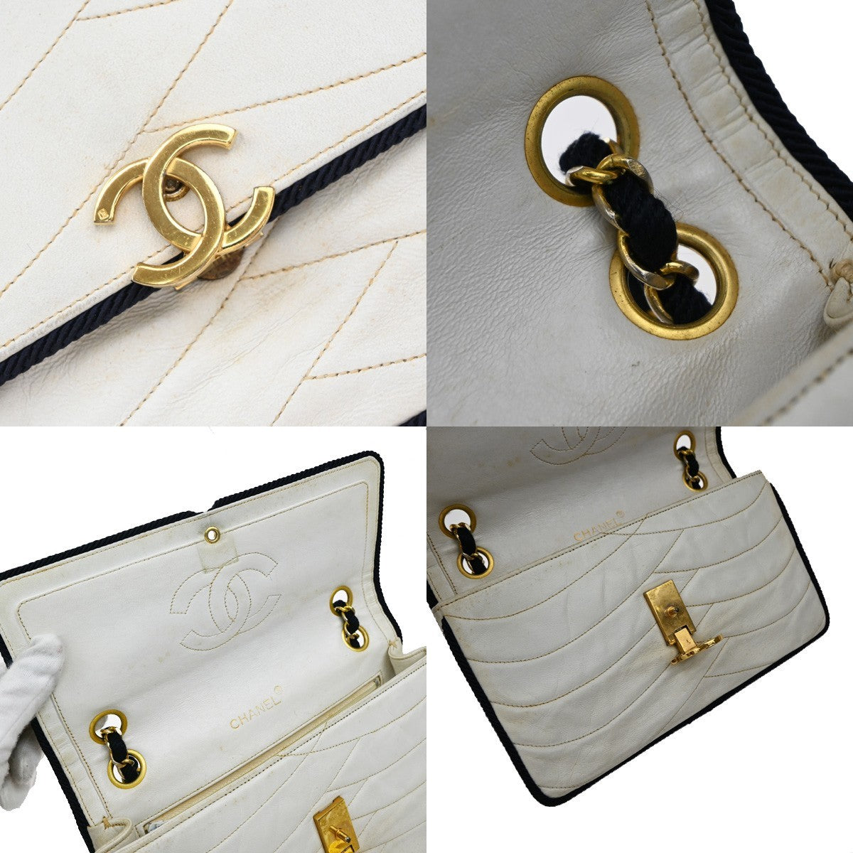 CHANEL CC Logo Wave Stitch Chain Shoulder Bag Leather White Vintage 49RF791