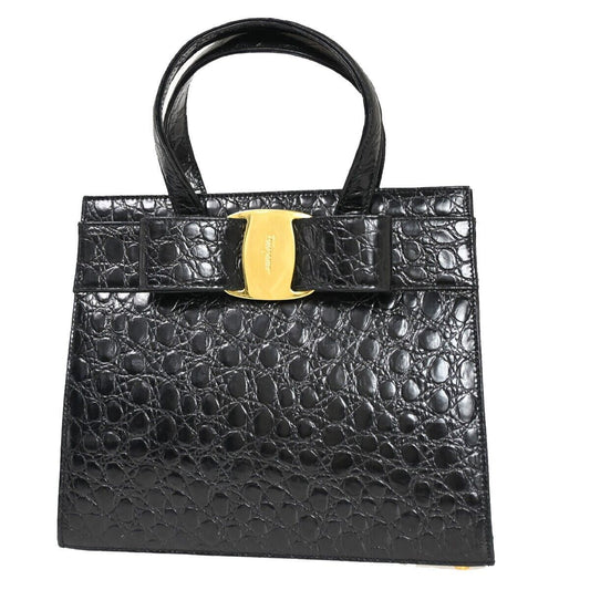 SALVATORE FERRAGAMO Logo Vara Hand Bag Embossing Leather Black Gold 32FA281