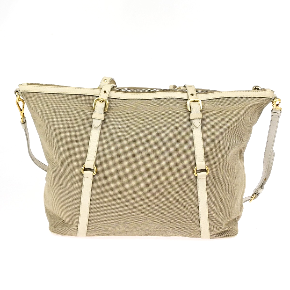 PRADA Logo Jacquard 2Way Shoulder Bag Canvas Leather Brown White GHW 84YJ274