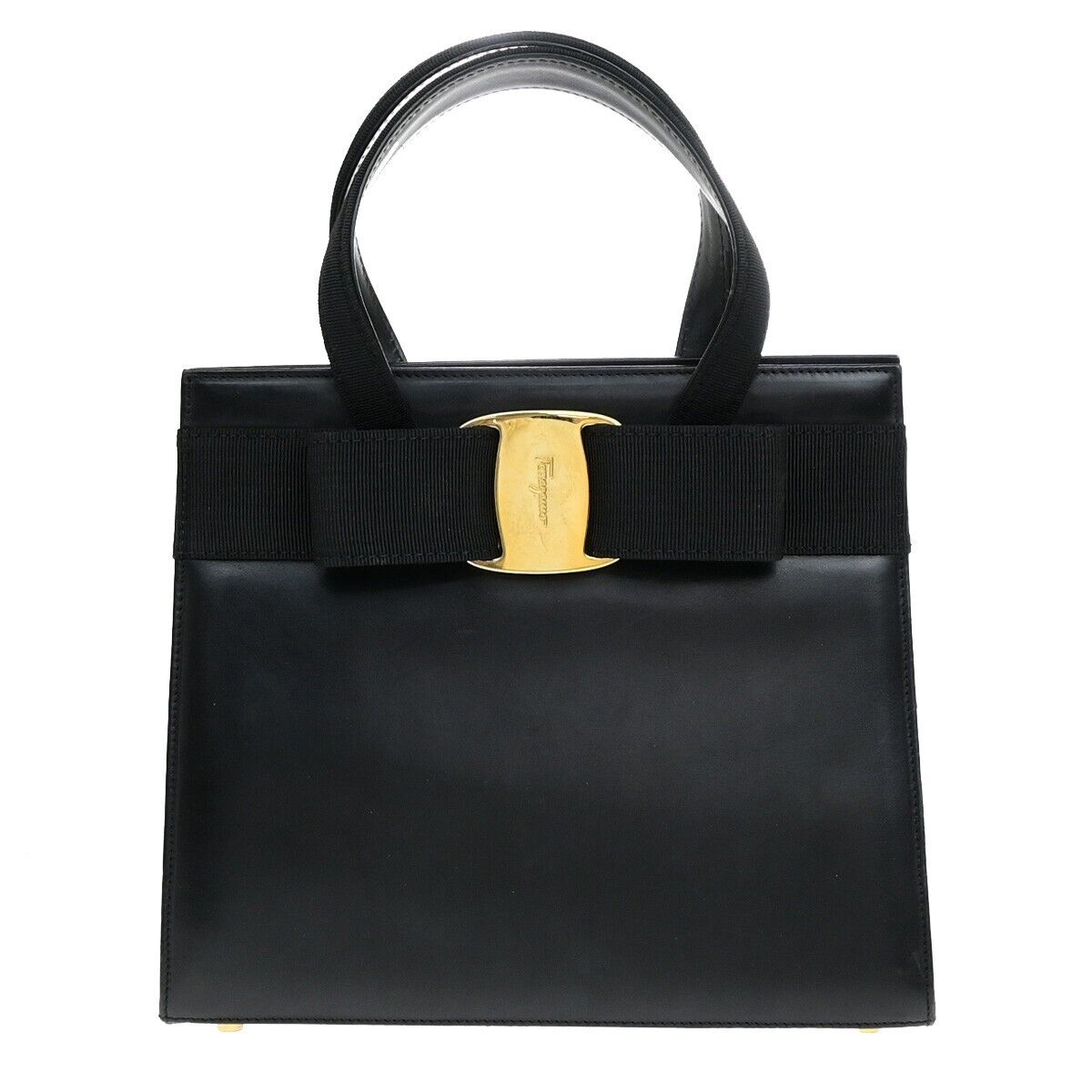 SALVATORE FERRAGAMO Logo Vara Hand Bag Canvas Leather Black Gold Italy 67ED785