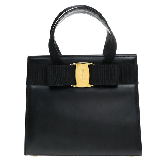 SALVATORE FERRAGAMO Logo Vara Hand Bag Canvas Leather Black Gold Italy 67ED785