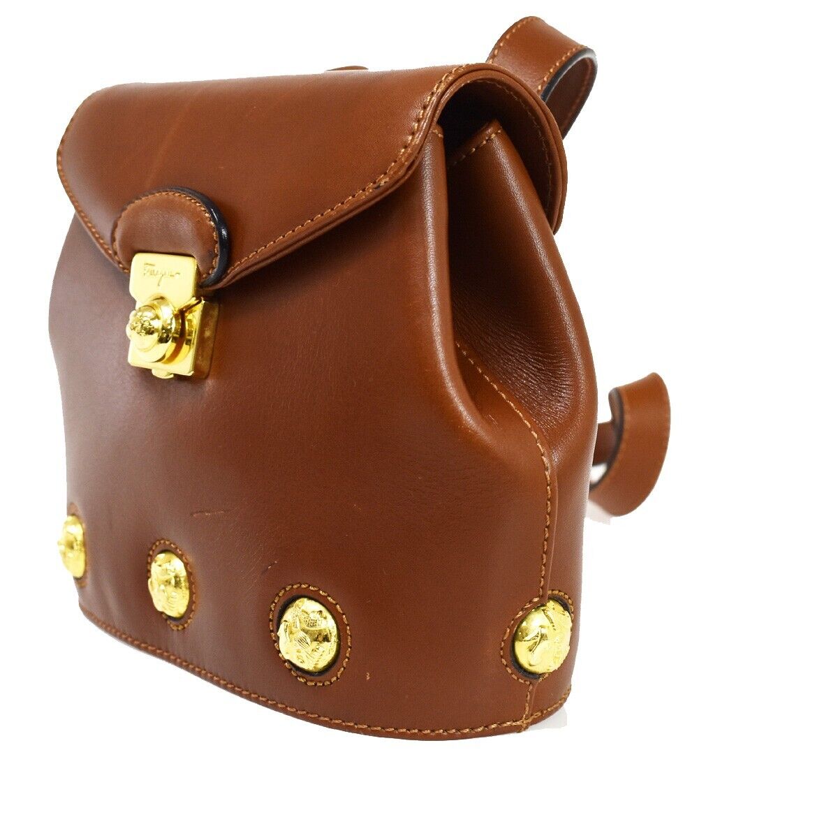 SALVATORE FERRAGAMO Logo Crossbody Shoulder Bag Leather Brown Gold Italy 61GA687